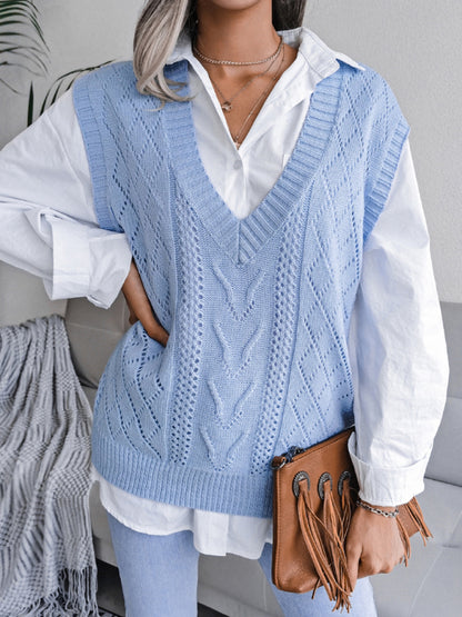 Women's hollow out fried dough twist V-neck knitted vest sweater