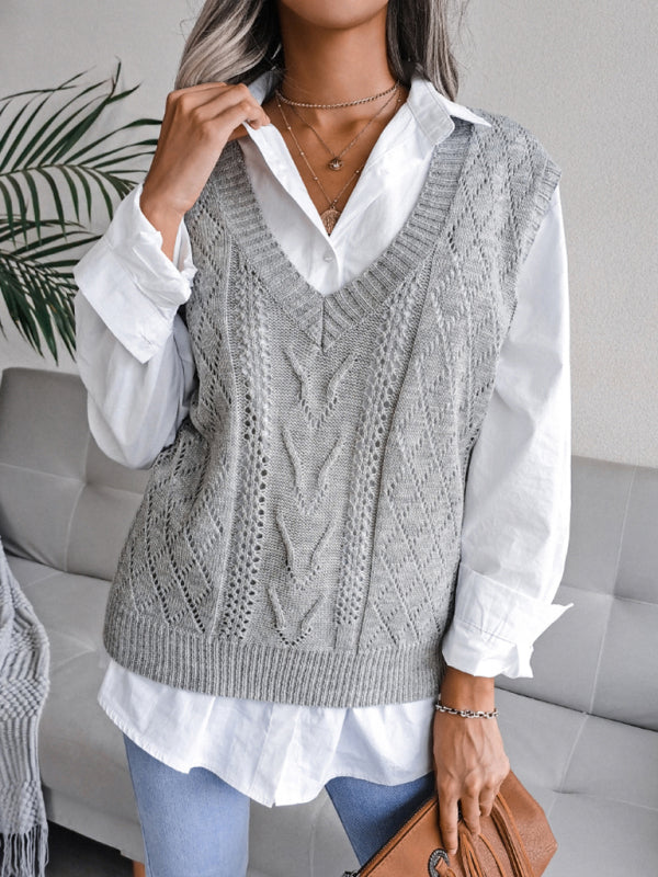 Women's hollow out fried dough twist V-neck knitted vest sweater