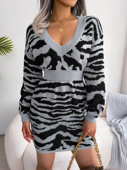 Women's fashion tiger pattern Lantern Sleeve waist closed wool dress