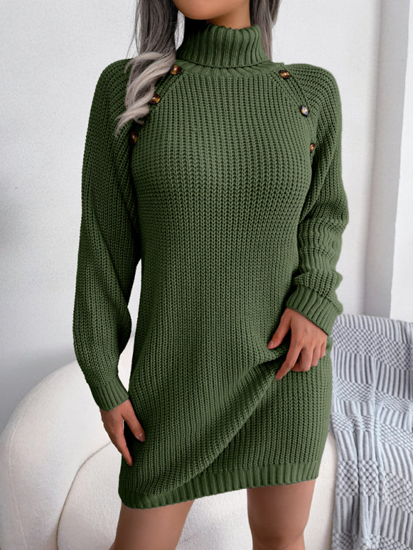 Women's casual button high neck long sleeve bottomed fur dress