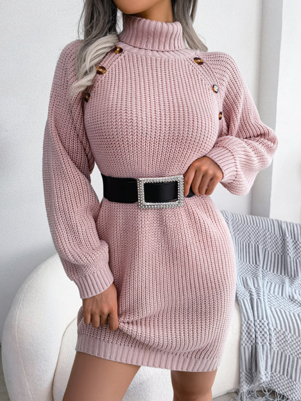 Women's casual button high neck long sleeve bottomed fur dress