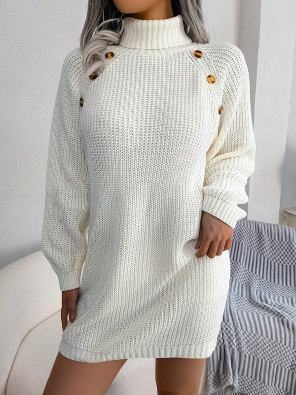 Women's casual button high neck long sleeve bottomed fur dress