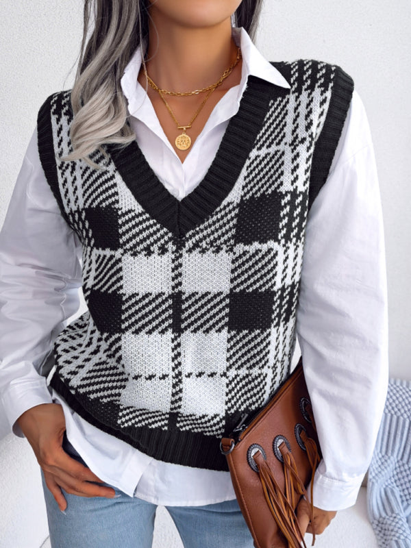 Women's casual contrast color Plaid knitted vest Sweater Vest