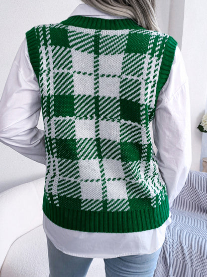 Women's casual contrast color Plaid knitted vest Sweater Vest