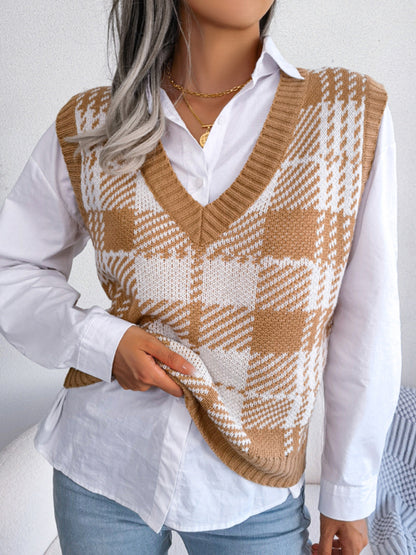 Women's casual contrast color Plaid knitted vest Sweater Vest