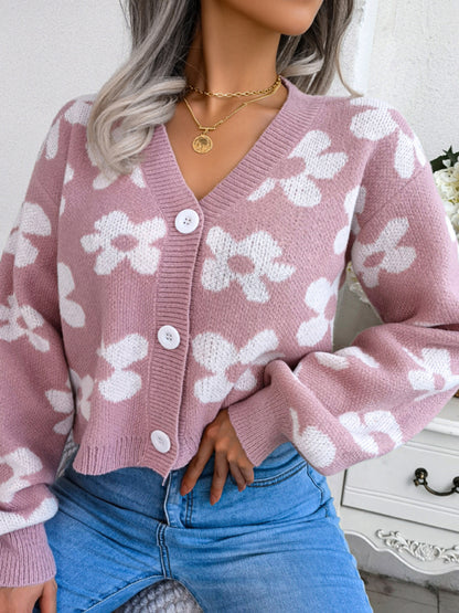 Women's fashion contrast color flower lantern sleeve cardigan sweater coat