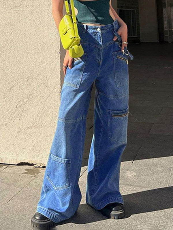 Multi-pocketed, zipped, distressed jeans with a straight leg and wide leg