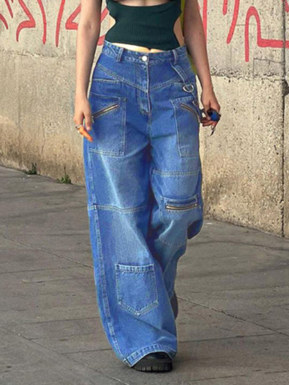 Multi-pocketed, zipped, distressed jeans with a straight leg and wide leg