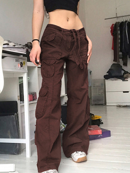 Multi-pocket work trousers low waist loose fitting casual denim trousers