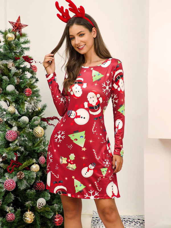 Women's Long Sleeve Christmas Print Dress