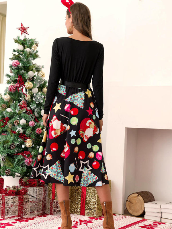 Women's Long Sleeve Christmas Print Panel Belt Swing Dress