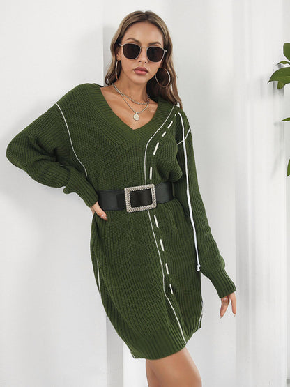 Women's Dropped Sleeves Drawstring V-Neck Sweater Dress