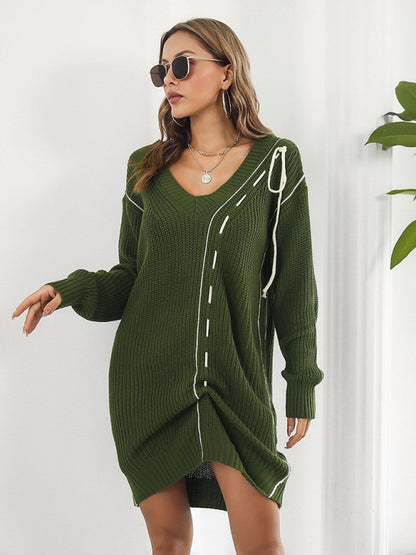 Women's Dropped Sleeves Drawstring V-Neck Sweater Dress