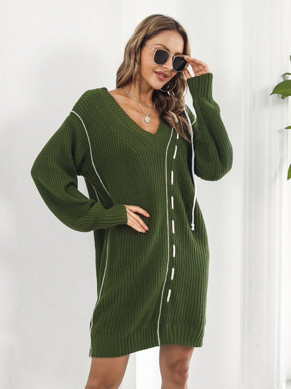 Women's Dropped Sleeves Drawstring V-Neck Sweater Dress