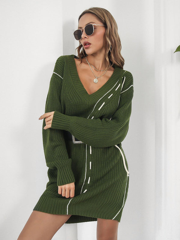 Women's Dropped Sleeves Drawstring V-Neck Sweater Dress