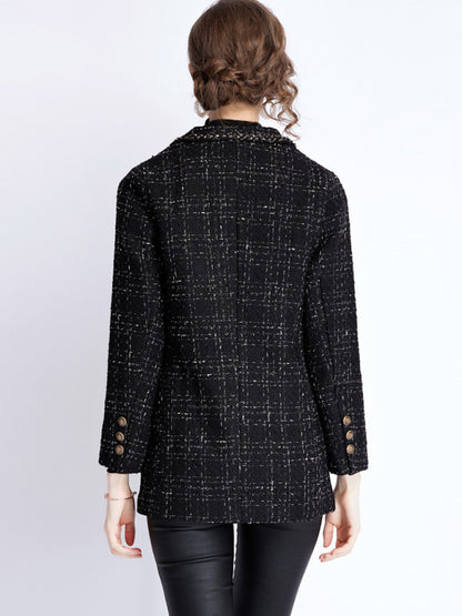 Women's small fragrant wind long sleeve tweed tartan jacket