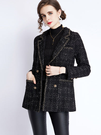 Women's small fragrant wind long sleeve tweed tartan jacket