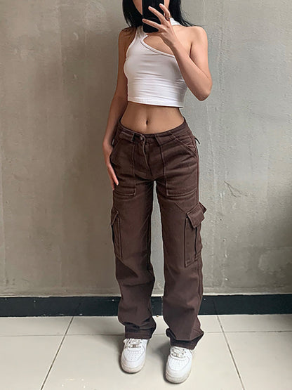 Women's Fashion Pocket Panel Casual Loose Mid Waist Cargo Pants