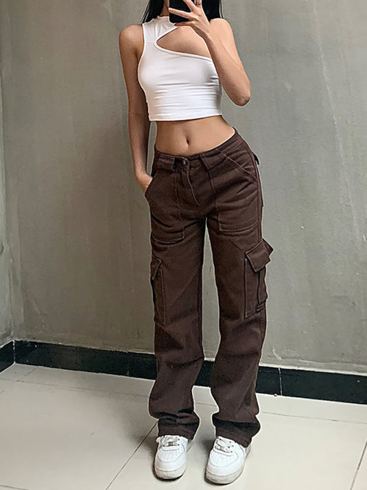 Women's Fashion Pocket Panel Casual Loose Mid Waist Cargo Pants