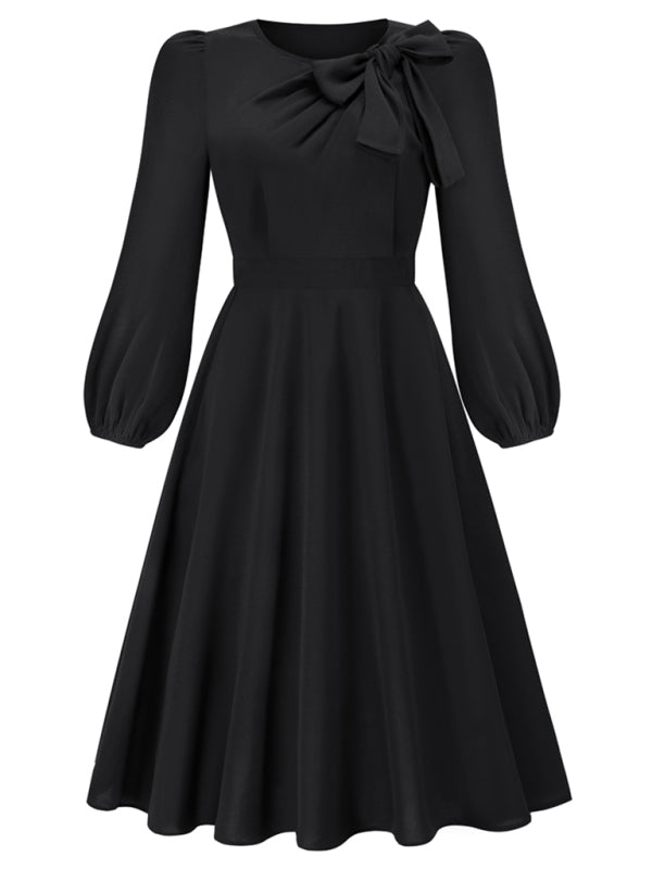 Women's round neck bow A-line mid-length dresses