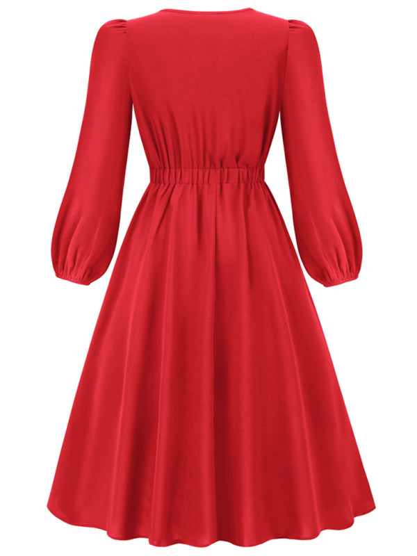 Women's round neck bow A-line mid-length dresses