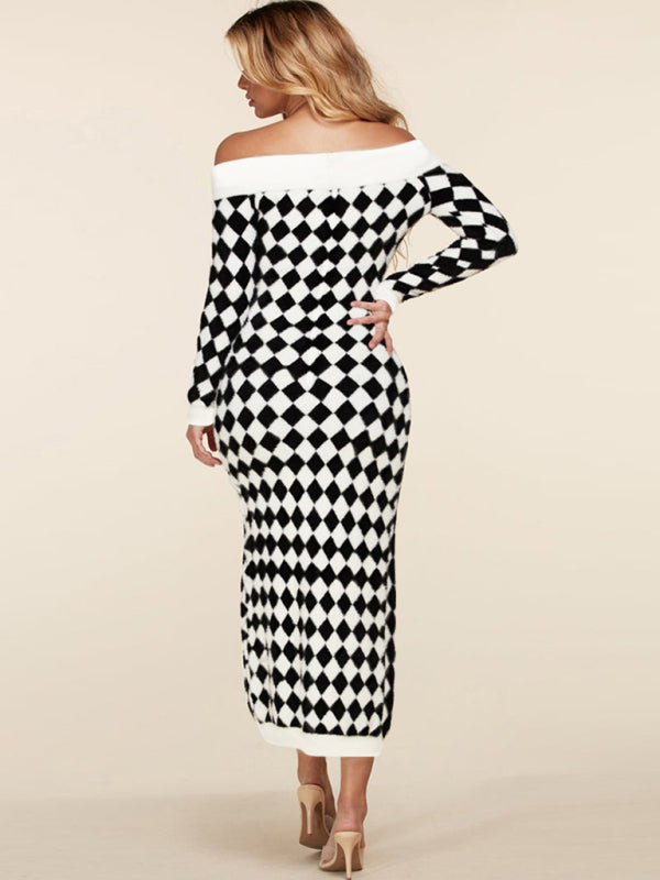 Women's sexy strapless long-sleeved plush knitted plaid dress