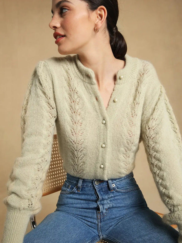 Women's Hollow Crew Neck Sheep Hoof Sleeve Cardigan Sweater