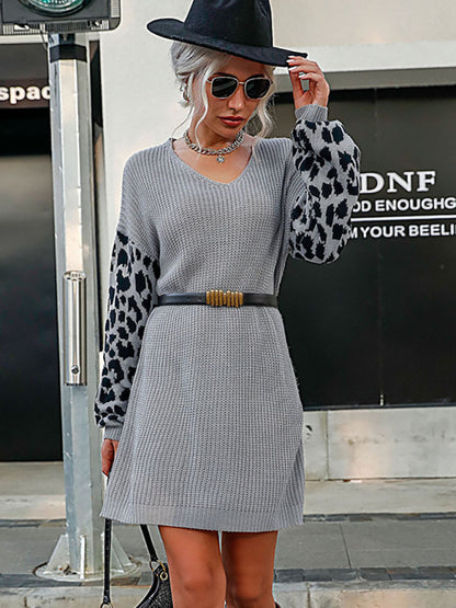 Women's leopard print splicing casual loose sweater dress (without belt)