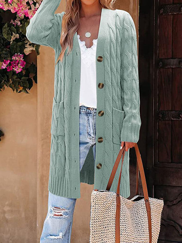 Single-Breasted Twist Pocket Knit Long Sweater Cardigan