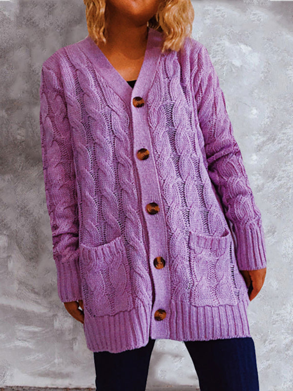 Single Breasted Twist Pocket Long Sleeve Knit Sweater Cardigan