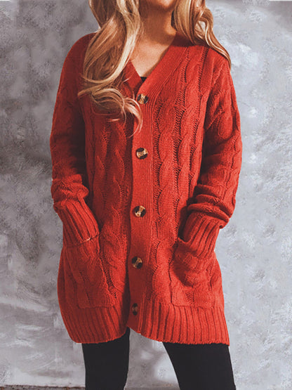 Single Breasted Twist Pocket Long Sleeve Knit Sweater Cardigan