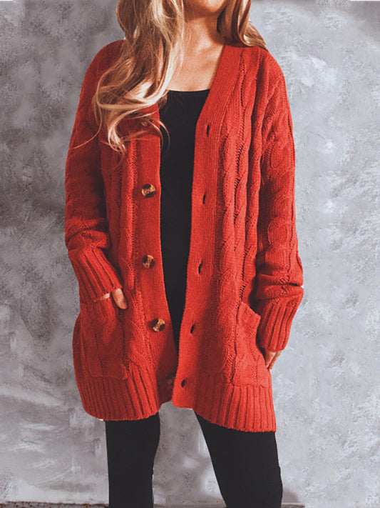 Single Breasted Twist Pocket Long Sleeve Knit Sweater Cardigan