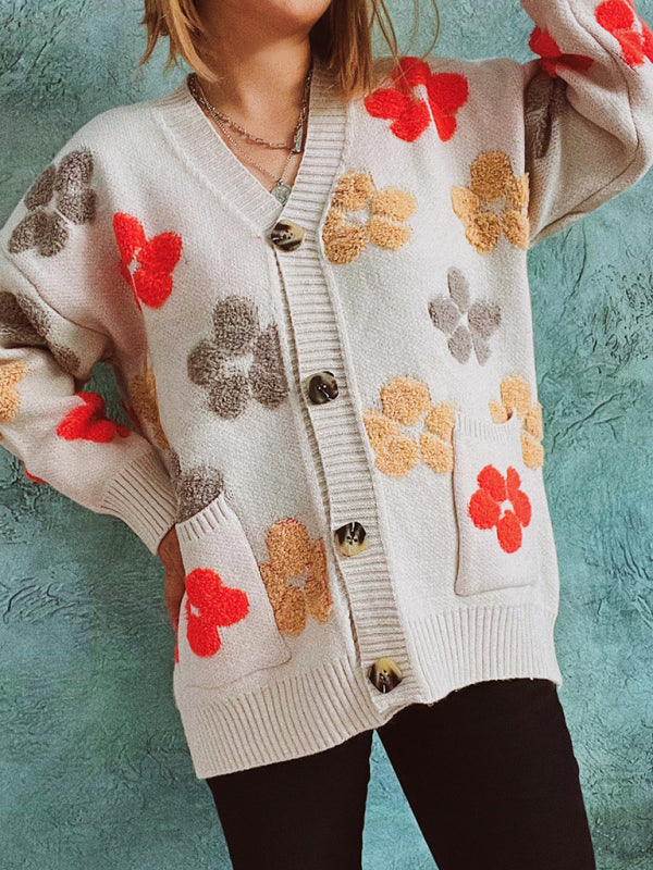 Single Breasted Pocket Jacquard Drop Sleeve Sweater Cardigan