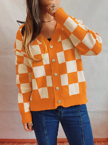 Checkerboard Contrast Single Breasted Drop Sleeve Sweater Cardigan