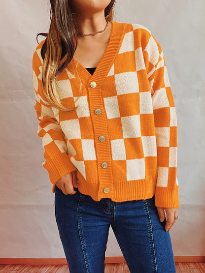 Checkerboard Contrast Single Breasted Drop Sleeve Sweater Cardigan