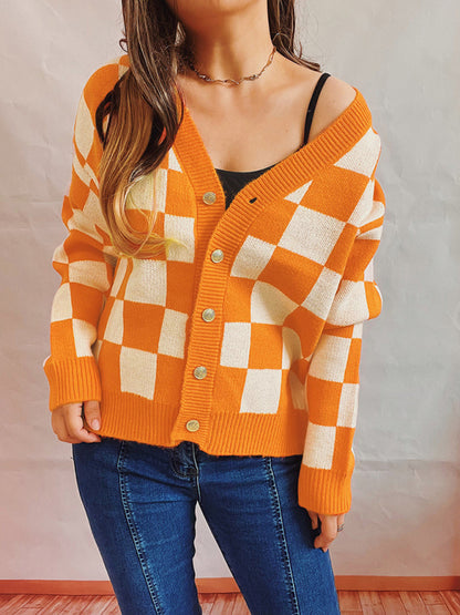 Checkerboard Contrast Single Breasted Drop Sleeve Sweater Cardigan