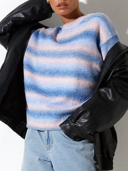 Striped Ombre Crew Neck Drop-Shoulder Sleeve Casual Sweater