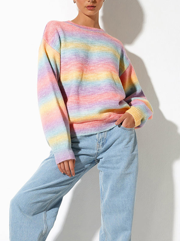 Striped Ombre Crew Neck Drop-Shoulder Sleeve Casual Sweater