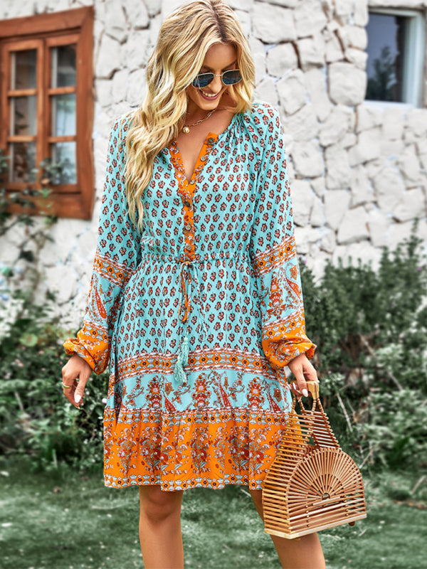 Women's Crew Neck Long Sleeve Boho Print Dress