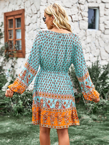 Women's Crew Neck Long Sleeve Boho Print Dress