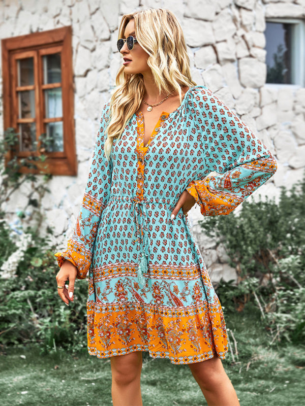 Women's Crew Neck Long Sleeve Boho Print Dress