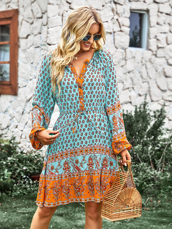 Women's Crew Neck Long Sleeve Boho Print Dress