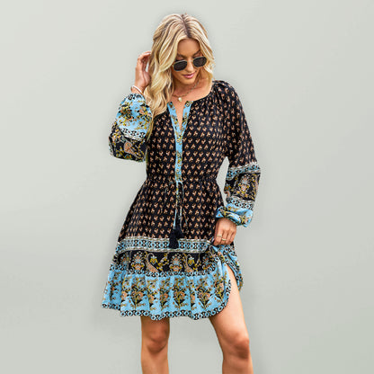 Women's Crew Neck Long Sleeve Boho Print Dress