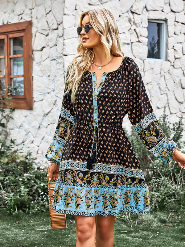 Women's Crew Neck Long Sleeve Boho Print Dress