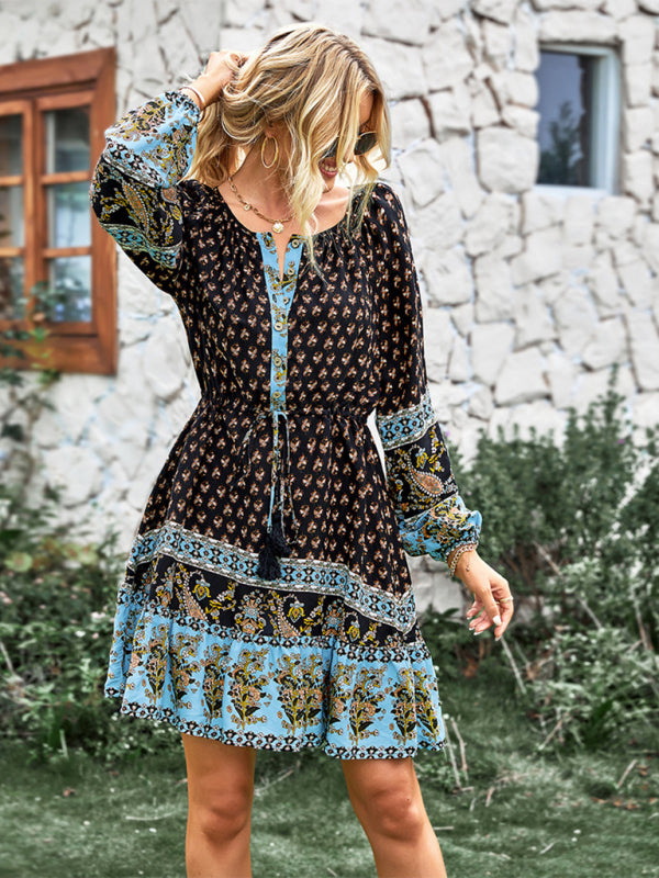 Women's Crew Neck Long Sleeve Boho Print Dress