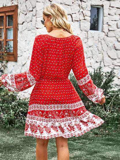 Women's Crew Neck Long Sleeve Boho Print Dress