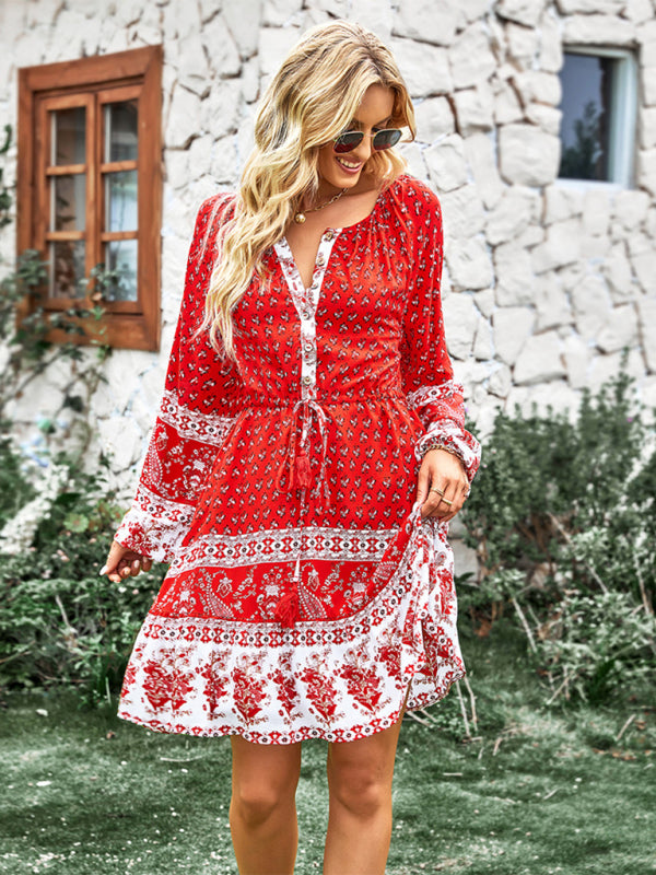 Women's Crew Neck Long Sleeve Boho Print Dress