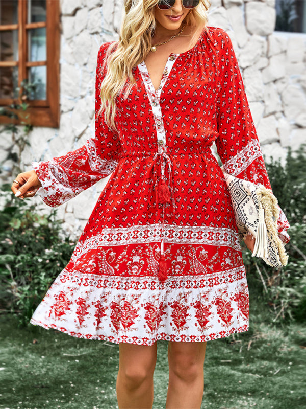 Women's Crew Neck Long Sleeve Boho Print Dress