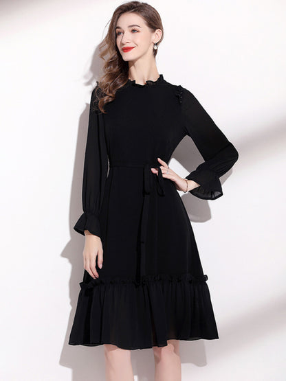 Women's Long Sleeve Fungus Belted Dress