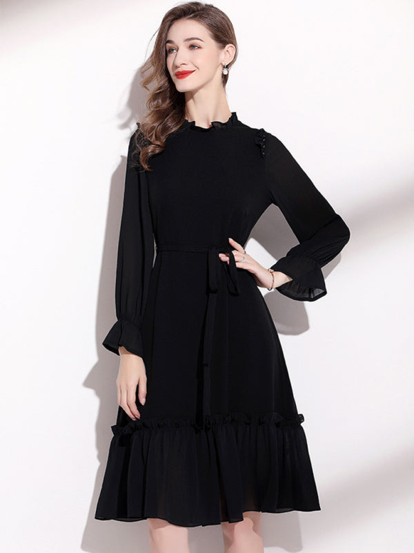 Women's Long Sleeve Fungus Belted Dress